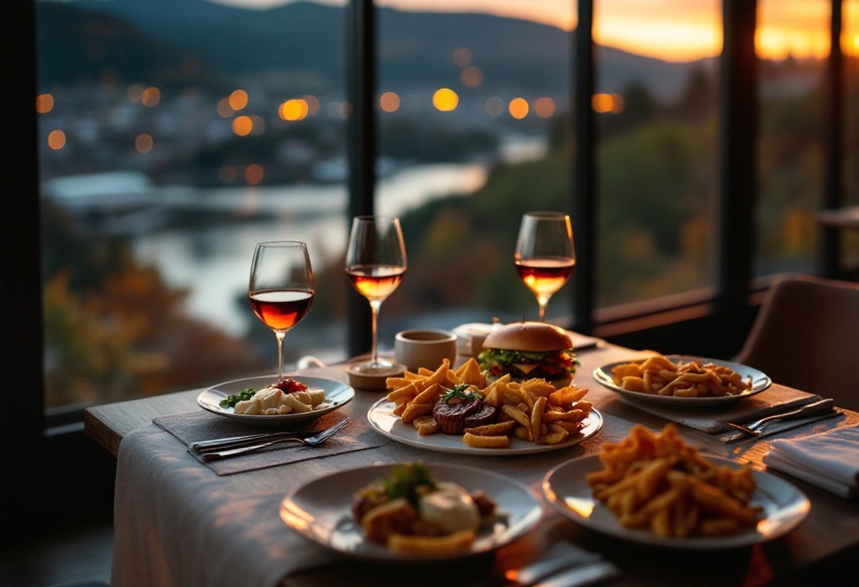 Dining room with floor-to-ceiling windows overlooking Portland hills and river at golden hour, plates on the table