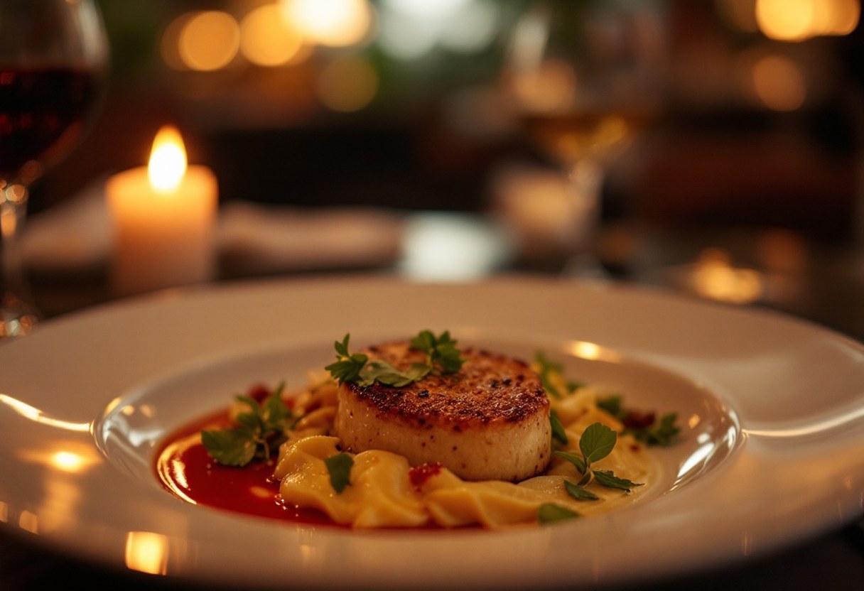 Elegant tasting-menu plate at an upscale Portland fine-dining room, candlelight