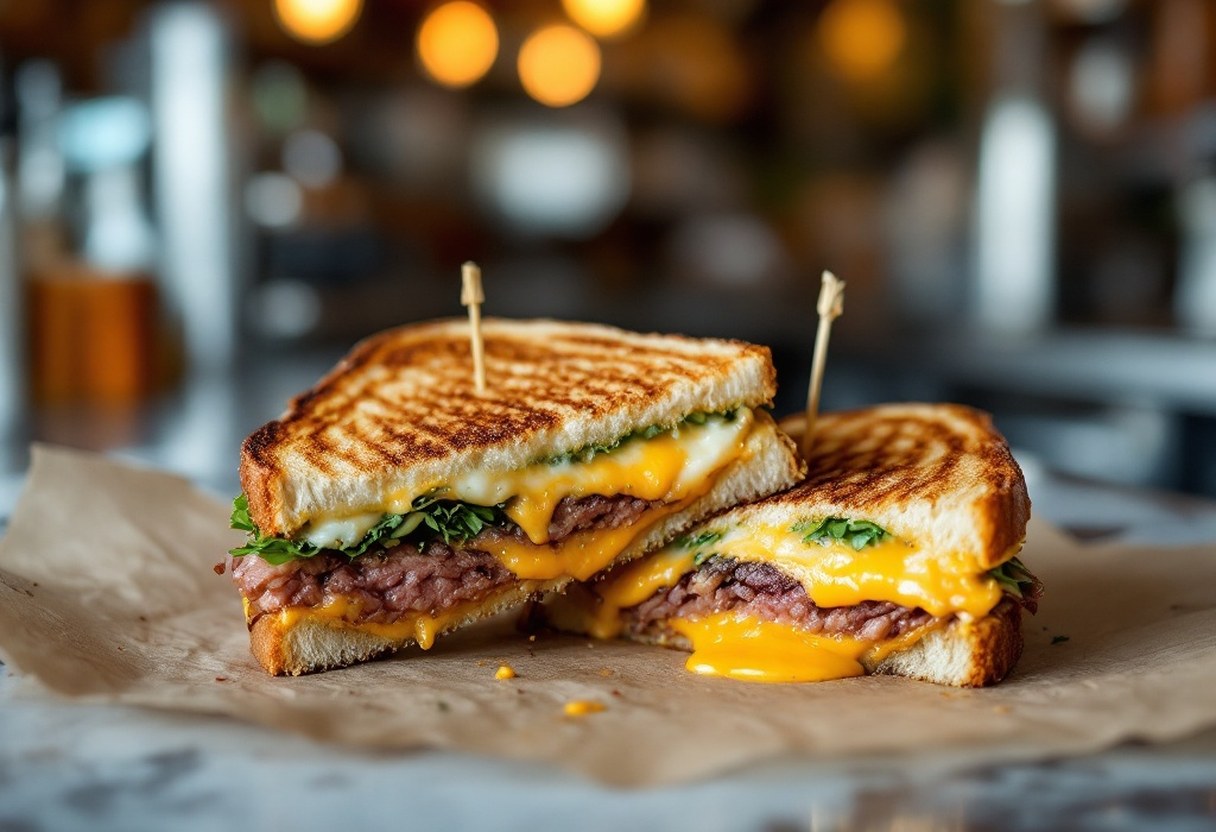 Grilled sandwich cut in half at a downtown Portland counter, melted cheese visible